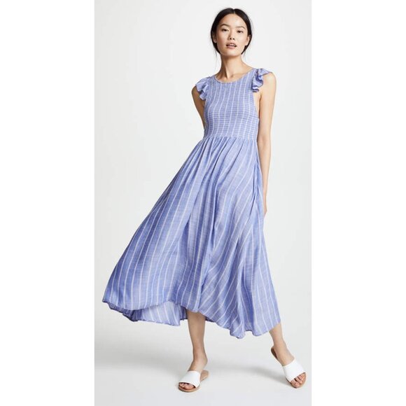 Free People Chambray Striped Dress Medium Pastel Blue Smocked Waist Ruffle Boho - Picture 2 of 16